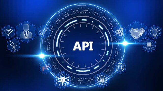 API concept with glowing icons and central text on dark blue background Keywords: API, application programming interface, software, technology, IT, computer, network, system, data, cloud