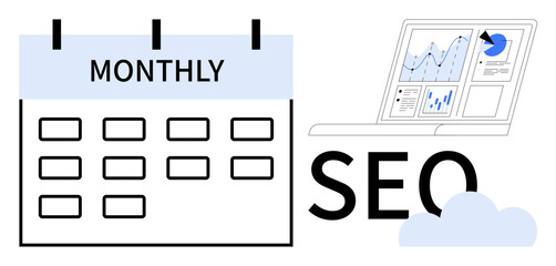Calendar marked Monthly, laptop displaying analytics charts, text SEO, and cloud symbol. Ideal for planning, digital marketing, analytics, content strategy, scheduling reporting optimization