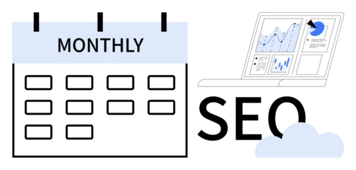 Fototapeten Pony Calendar marked Monthly, laptop displaying analytics charts, text SEO, and cloud symbol. Ideal for planning, digital marketing, analytics, content strategy, scheduling reporting optimization  © robu_s
