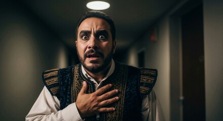 Terrified man gasping in shock in a dark, suspenseful corridor. Dramatic portrait showing fear and surprise