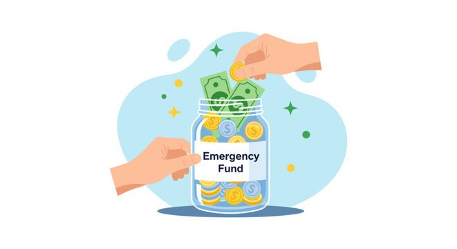 Hands depositing money into an emergency fund jar, symbolizing savings, financial security, and future investment planning for unexpected events.