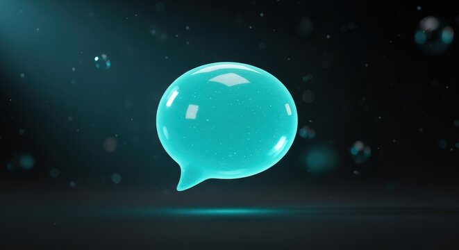 Luminous cyan chat bubble icon suspended in a dark, abstract space, symbolizing online conversation and modern digital communication