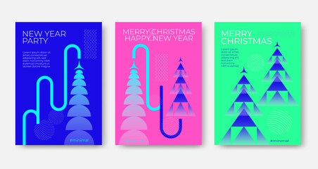 Colorful and modern holiday posters featuring abstract tree designs and festive text for New Year and Christmas celebrations