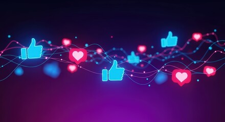 A futuristic stream of glowing blue thumbs-up and pink heart icons symbolizing online interaction and social media feedback
