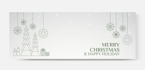Merry Christmas and Happy Holiday greeting with festive decorations, including snowflakes, gifts, and Christmas tree, creating joyful atmosphere