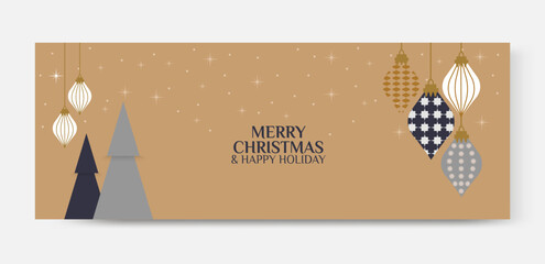 Merry Christmas and Happy Holiday greeting with decorative ornaments and trees, creating festive atmosphere
