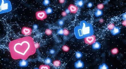 Futuristic communication concept with glowing social media notification icons, like and heart symbols floating in a connected data network