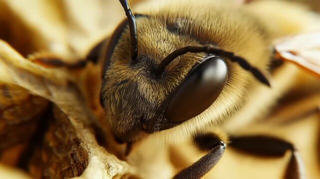A honeybee is perched on a honeycomb, revealing its delicate features and the hexagonal patterns of the wax structure. The scene captures the essence of nature&acirc;&euro;&trade;s marvels.