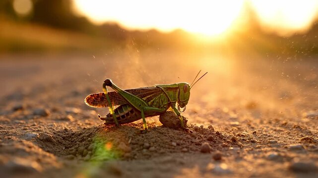 A green grasshopper rests on the sandy path as the sun sets in the background, casting a warm glow on the surroundings. The grasshopper and sunset combine to create a peaceful scen