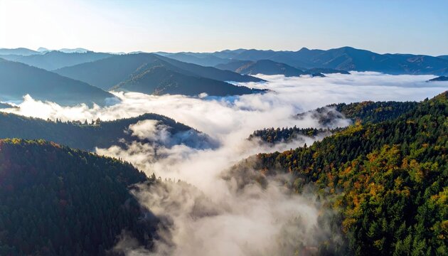 An aerial view of rolling mountains covered in dense green forests and patches of autumn colors, with a thick layer of white fog filling the valleys.
