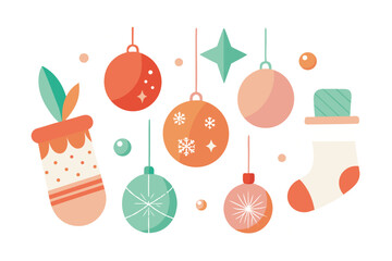 Cheerful pastel holiday background with hanging ornaments, festive socks, and simple floating decorations. Ideal for Christmas cards, family themes, home décor, and seasonal stock media.