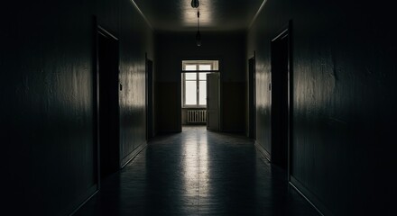 Unsettling, dark, and empty hallway in an old building, featuring an unexplainable light source, suggesting an otherworldly encounter ,glow ,presence ,suspense