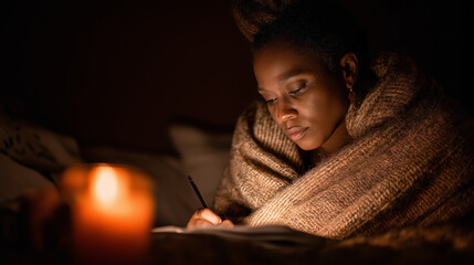 Mature black woman journaling peacefully by candlelight at home during the evening