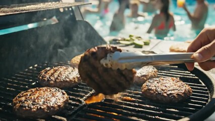 Grilling juicy burgers at a poolside barbecue party summer gathering outdoor fun family environment close-up view - Powered by Adobe