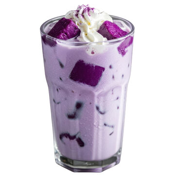 Refreshing ube milk tea with ice cubes and whipped cream isolated on transparent background a delightful blend of creamy milk, ube flavor, and a touch of sweetness for a unique taste