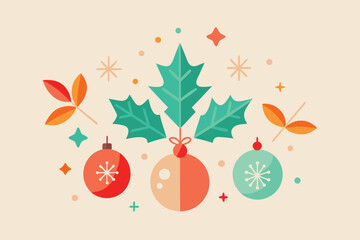Pastel Christmas ornaments with holly leaves and golden stars, perfect for winter decor, holiday campaigns, greeting cards, festive family visuals, and seasonal stock design.