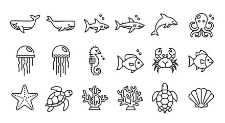 Fototapeta premium Collection of Line Art Sea Animal Illustrations on White Background