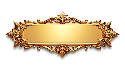 Empty golden nameplate with intricate scrollwork frame isolated on white background