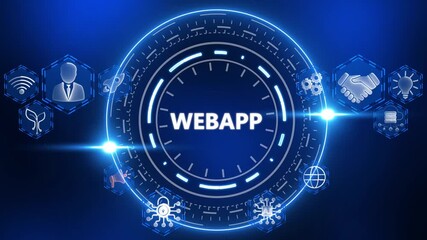 Digital webapp concept with glowing icons and central text on dark blue background technology network - Powered by Adobe