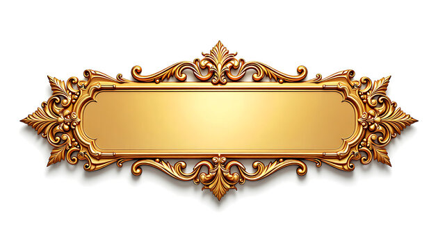 Empty golden nameplate with intricate scrollwork frame isolated on white background