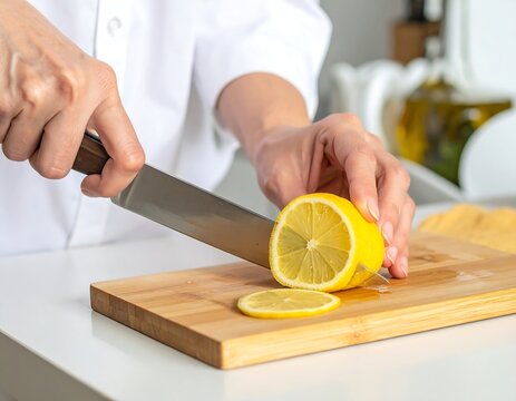 A chef in a white coat carefully slices a ripe lemon on a wooden cutting board with a stainless steel knife