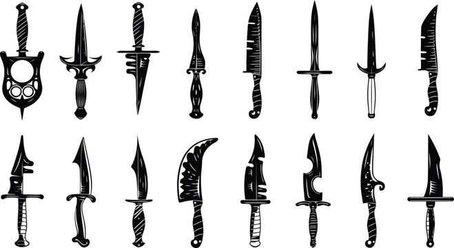Knife Icons Set, Vintage Dagger and Blade Silhouettes Collection