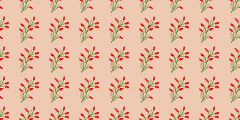 A seamless floral pattern featuring red blossoms and green leaves on a soft cream background, perfect for textiles, stationery, wallpapers, and elegant decorative designs
