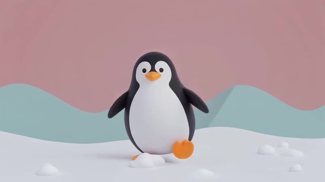 A cute cartoon penguin with orange feet and beak stands in a snowy landscape with soft blue hills and a pink sky.