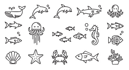 Fototapeta premium Collection of Underwater Creatures Seamless Pattern in Black and White