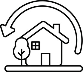 Minimalist house and tree line drawing, curved return arrow symbol, eco-friendly home concept, sustainability vector art, black and white illustration