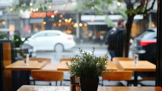 A cozy cafe provides shelter from the rain, with tables outside under a light drizzle. Nearby, soft lights create a warm atmosphere in the bustling city streets.