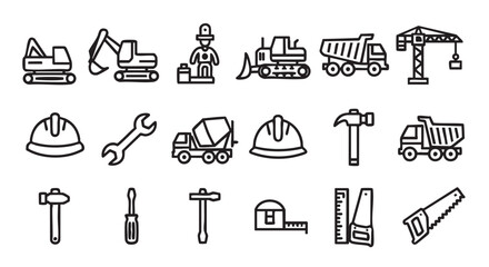 Construction and engineering outline icons including excavator trucks and tools
