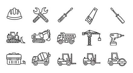 Construction equipment and safety gear icons in black and white outline
