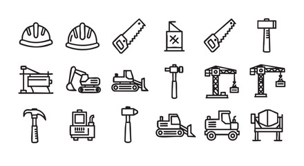 Construction equipment and tools icons set black outline on white background