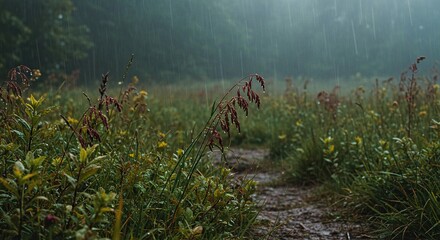 Untamed wilderness soaked by a relentless downpour, showcasing vibrant, wet flora and a misty, atmospheric natural scene ,natural ,wet ,rain