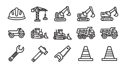 Construction equipment and tools in simple black and white line art style