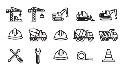 Construction icons set with cranes helmet tools and concrete mixer truck