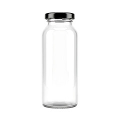 Empty clear glass bottle with black metal cap isolated on white background