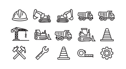 Construction Outline Icons Set Hard Hat Excavator Crane Bulldozer Hammers Wrench