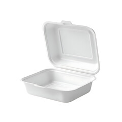 Open white clamshell food container isolated on white background