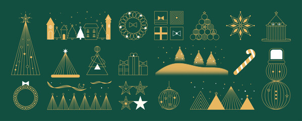 Naklejka premium Christmas and Happy New Year vector mid century line art illustration set with festive elements in dark green and gold tones — elegant design for greeting cards