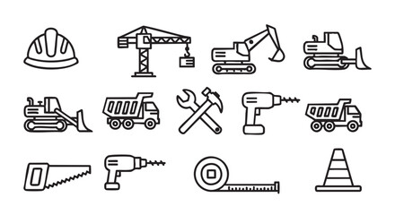 Construction vehicle and equipment outline icons illustration for various projects