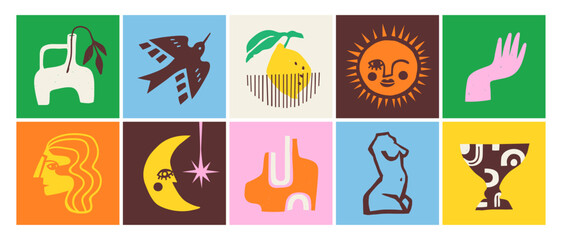 Set of modern abstract illustrations featuring organic forms, bold Matisse style shapes, nature elements, and minimalist celestial symbols.