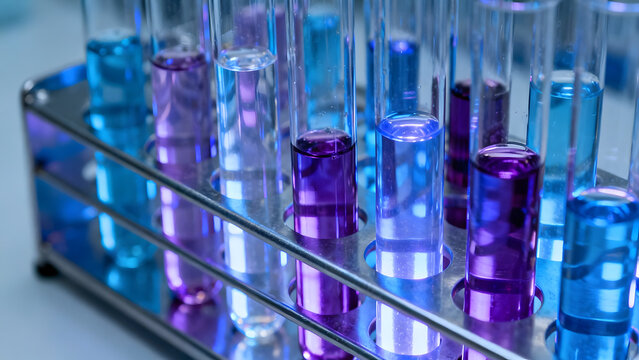 Discover scientific innovation with vibrant blue and purple liquids in glass test tubes, perfect for research, experiments, and pharmaceutical design projects
