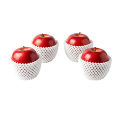 Four red apples with each wrapped in a foam mesh sleeve isolated on white background