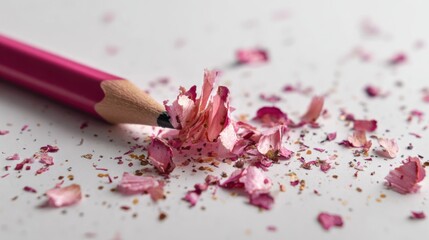 Pink pencil shavings scattered on a bright white surface closeup.