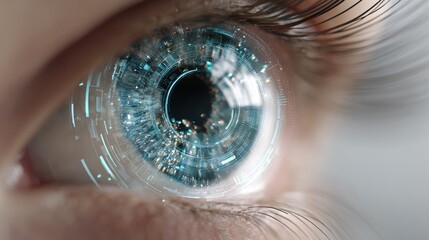 Close up of human eye with futuristic digital interface overlay