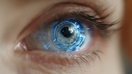 Extreme close up of human eye with futuristic blue digital interface overlay