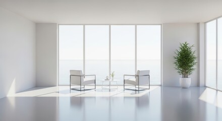 Fototapeta premium Bright and airy living room with ocean view, featuring two modern armchairs, a small table with flowers, and a potted plant, creating a serene and minimalist space for relaxation and contemplation