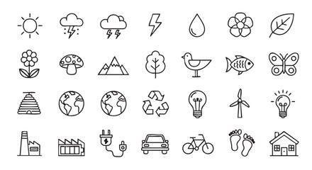 Eco Friendly Icons Black and White Set for Environment Illustration